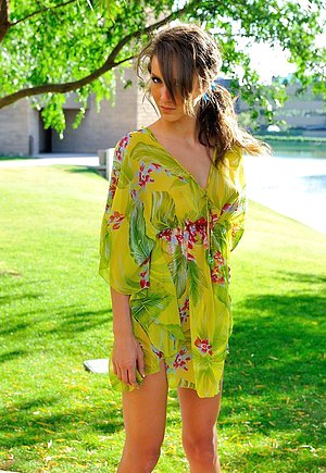 Blue-eyed amateur in a breezy dress fucking around in public